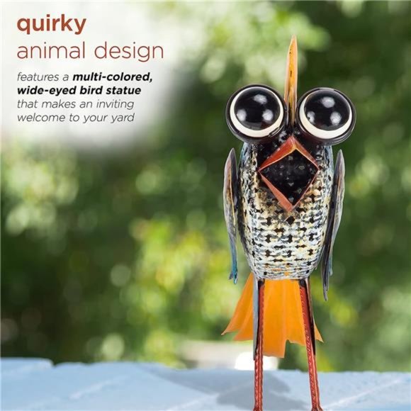 11"Tall Metal Wide-Eyed Bird Standing Yard Statue Decoration, Multicolor Outdoor - Picture 5 of 6